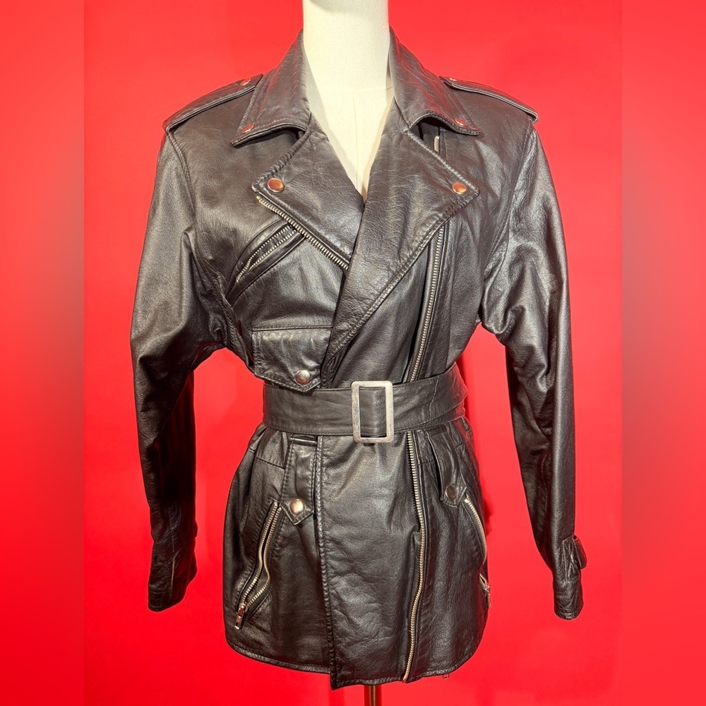 Vintage 1980s Wilson’s Leather Black Leather Oversized Moto Jacket - Picture 3 of 12